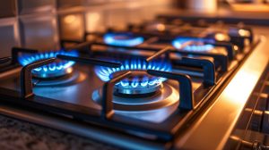 Gas range stovetop with four burners on with blue flames. There is a tile backsplash and speckled granite counter.