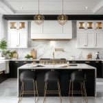 A luxurious kitchen with a modern design featuring a monochrome palette of black and white cabinetry, accented by gold hardware. The central island, topped with white marble, has three black and gold barstools. Above the island, two geometric gold pendant lights hang from the ceiling. The kitchen features high-end appliances, including a large stainless steel refrigerator and an oven, along with a marble backsplash. Large windows on the left allow natural light to flood the space, highlighting potted plants and decorative elements on the countertops. The overall design exudes elegance and sophistication.