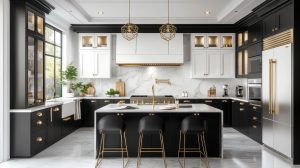 A luxurious kitchen with a modern design featuring a monochrome palette of black and white cabinetry, accented by gold hardware. The central island, topped with white marble, has three black and gold barstools. Above the island, two geometric gold pendant lights hang from the ceiling. The kitchen features high-end appliances, including a large stainless steel refrigerator and an oven, along with a marble backsplash. Large windows on the left allow natural light to flood the space, highlighting potted plants and decorative elements on the countertops. The overall design exudes elegance and sophistication.