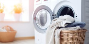 A laundry room scene with a wicker basket filled with folded towels and linens in front of an open clothes dryer machine. Sunlight filters softly through a nearby window, illuminating the room and casting a warm glow over potted plants in the background.