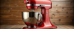 A bold red stand mixer with a gleaming stainless steel mixing bowl sits on a wooden countertop. Behind it, warm-toned wooden paneling enhances the rustic charm of the setting.