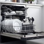 Open dishwasher built into a modern kitchen with white cabinetry, showing clean white plates, bowls, and utensils neatly arranged in the racks. The lower rack holds plates and a utensil basket, while the upper rack contains bowls and smaller items.