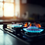 Close-up of a gas stove burner with a blue flame, in a modern kitchen setting. Sunlight streams through a window in the blurred background, creating a warm and inviting atmosphere.